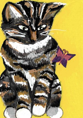 ACEO Original Art Card 2.5 x 3.5 -  Tortoiseshell  With Butterfly  CAT PORTRAIT 