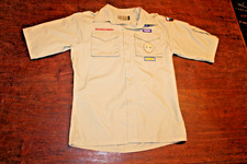 Boy Scouts of America BSA Youth Shirt Tan Large Sewn Patches Short Sleeve