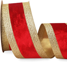Red Velvet Wired Ribbon with Gold Glitter Edge 2.5 Inch Christmas Ribbon for Tre