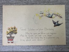 1925 Vintage Birthday Postcard Birds Flowers Poem Made in USA Unposted