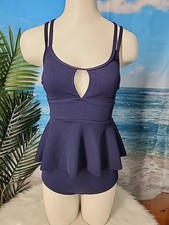 NWT Cupshe Two Pieces Tankini Swimsuit Size Small Ribbed Dark Blue