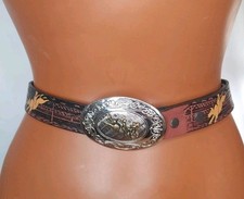 Nocona Rodeo Western Tooled Leather Belt Boys Sz 26 Silver Gold Bullrider Buckle