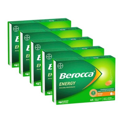 Berocca Energy Effervescent 225 Tabs (5x45) Orange Vitamin B & C Focus Boost