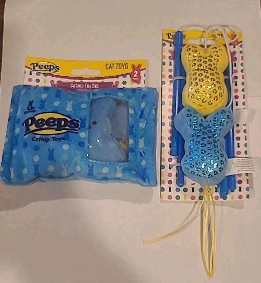 Peeps Cat Toys Bunny Cat Stick & Catnip Toy Set Of 2 Blue Yellow