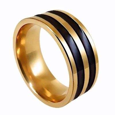 Vintage Gold breit 8 mm Herren schwarz Streifen Finger flach