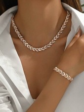 Luxury Style Rose Gold Rhinestone Leaf Link Necklace & Bracelet Set Women UK