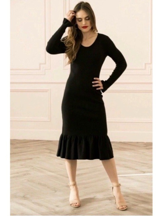 Rachel Parcel Ribbed Stretch Knit Ruffle Trim Sweater Midi Dress Black Large