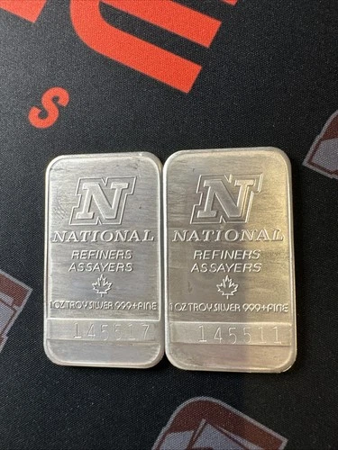 (2) Bar Lot Vintage 1 Troy Oz .999 Fine Silver National Refiners Ounce