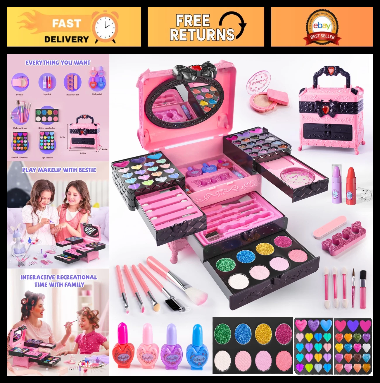 Kids Makeup Set 66pcs - Real Cosmetic Kit with Mirror, Washable & Non-Toxic, Bir