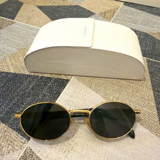 PRADA Oval Sunglasses Gold Metal Frame Black Tinted Plastic Lenses