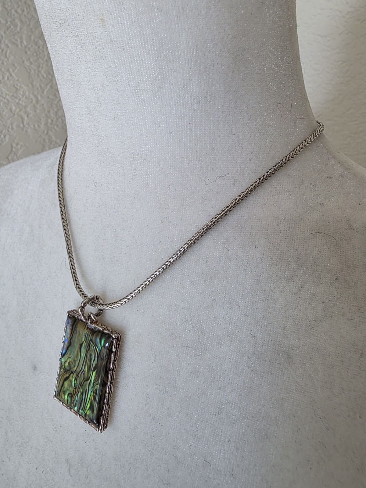 Rectangle Pendant Silver Tone Abalone Necklace Bl… - image 6