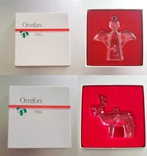Lot of 2 Orrefors Crystal Glass Ornaments 1985 Angel & 1986 Christmas Reindeer