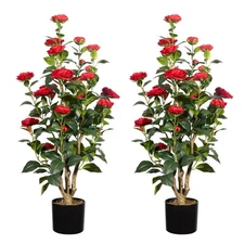 2Pack Artificial Camellia Tree, 3FT, Red Faux Camellia Plant, Fake Potted Flo...