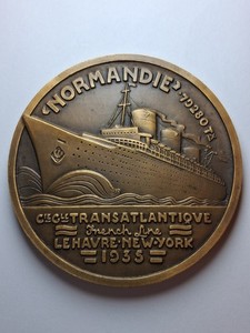 Art Deco Bronze 1935 S.S. Normandie Launching Medal By Jean Vernon W/ Case 