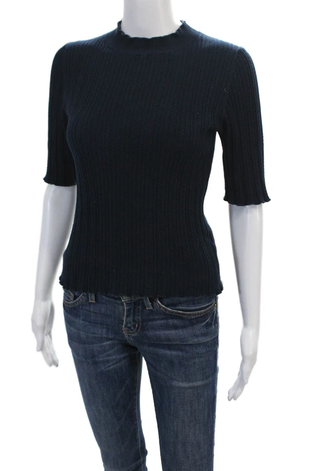 Blusa Top Boden Mujer Algodón Cuello Simulado Manga Corta Tejida Azul Talla XS Foto 2 de 4