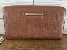 Steve Madden Stamped Logo Zipped Wristlet Wallet Cognac brown