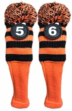 Tour #5, 6 Hybrid Black & Orange Golf Headcover Knit Pom Pom Retro Classic Cover