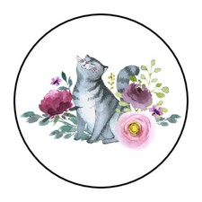 48 CAT FLOWERS ENVELOPE SEALS LABELS STICKERS 1.2" ROUND