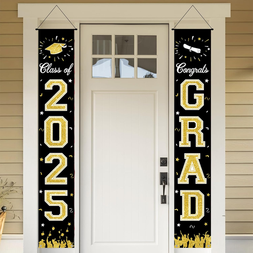 Graduation Banner Class of 2025, Black Gold Graduation Party Decorations, Congra