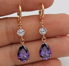 New 18K Yellow Gold Filled Purple Teardrop & Clear Round CZ Hoop Dangle Earrings