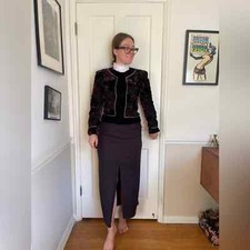 90s Vintage Velvet Leaf Patterned Blazer w Gold Piping
