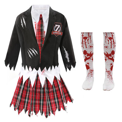 KINDER HALLOWEEN ZOMBIE SCHULMÄDCHEN KOSTÜM + STRUMPFHOSE KINDER OUTFIT