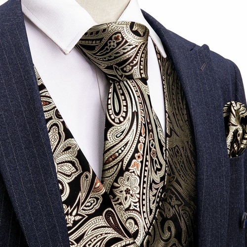 Rojo Paisley Hombres Chalecos Negro Traje Chaleco Conjunto Corbata Vestido de Boda Esmoquin V - Imagen 29 de 88