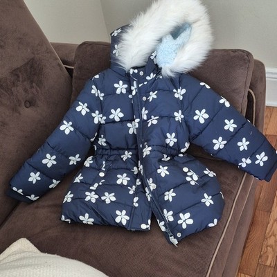 Member's Mark Girls Hooded Puffer Jacket Full Zip Fur Trim Floral Blue 5T
