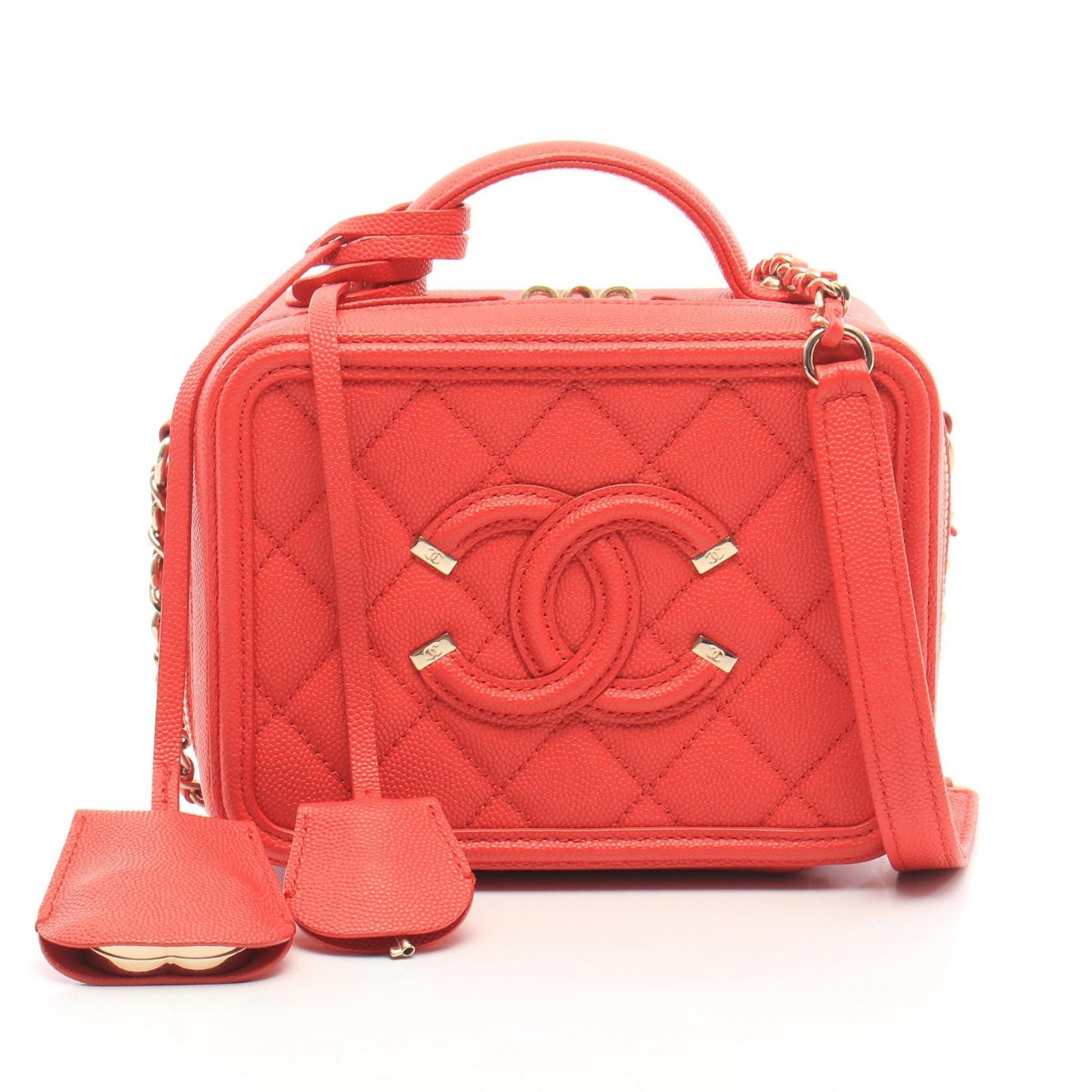 CHANEL CC Figley Small Vanity Shoulder Bag A93342 Grained Calfskin Red Used GHW