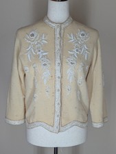 Vintage 1950s Hand Beaded Cardigan Cream With White Floral Beading Size Small