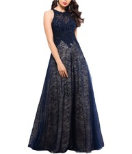XSCAPE Womens Lace-Top Gown Fit & Flare Dress, Blue, 4