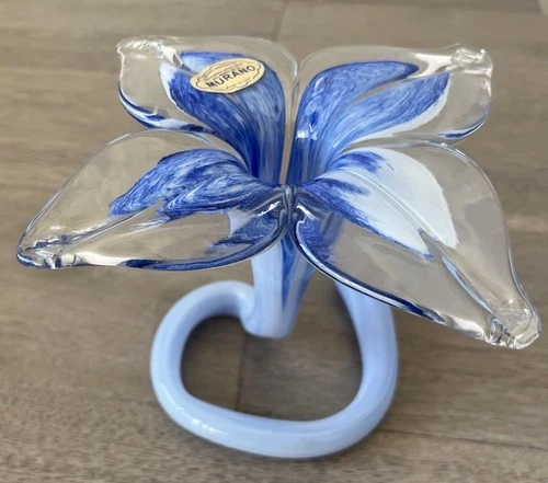 Murano Multicolor Hand Blown Glass 4 Petal Flower Free Standing Figurine w/Label