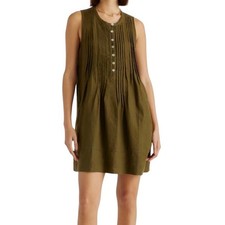 Quince 100% Linen Sleeveless Button Pleated Swing Dress Large Olive Lagenlook