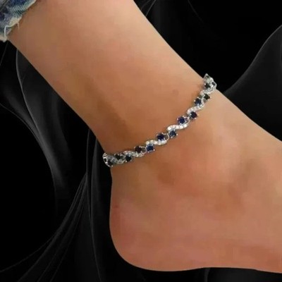 8TCW Rundschliff Lab Created Diamant & Saphir Tennis Fußkette 14K Weißgold...