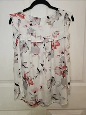 Women's Loft Ruffle Grey Pink Floral Sleeveless Blouse Small