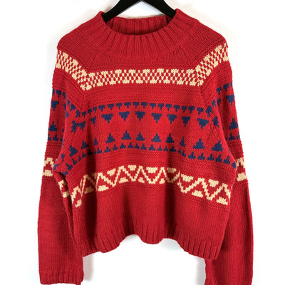 UNIVERSALFADEN Pullover Rot XXL Crop Nordic Mock Knit Fischer Fair Isle Ski