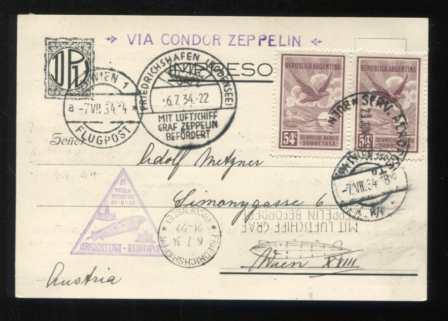 ARGENTINA 1934 Airmail First Flight ZEPPELIN CARD to Austria