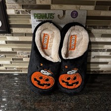 Women's Peanuts Snoopy Jack O Lantern Black Scuff Slippers L 9-10