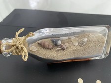 Seashells and Sand in a Corked Glass Bottle w Wood Stand