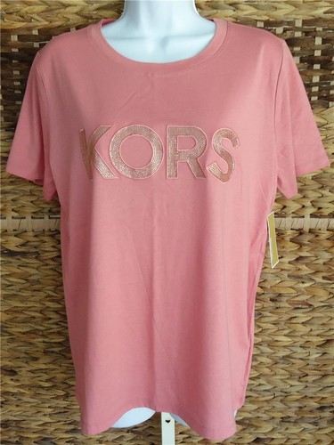 MICHAEL KORS PINK RHINESTONE LOGO SHORT SLEEVE COTTON T-SHIRT SIZE M NWT $88