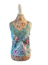Vintage Pink And Aqua Floral Camisole Wide Scalloped Sheer Lace Shiny Lingerie M