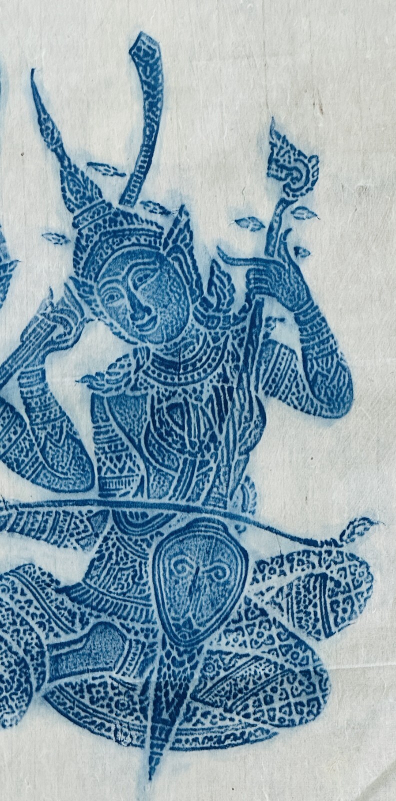 THAI RICE PAPER TEMPLE RUBBING BLUE CELESTIAL MUSICIANS ANTIQUE 1900s VTG