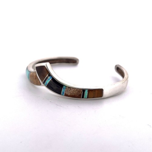 Sterling Silver Zuni Inlaid Cuff Bracelet Opal Turquoise Tiger Eye Jasper - Picture 3 of 8