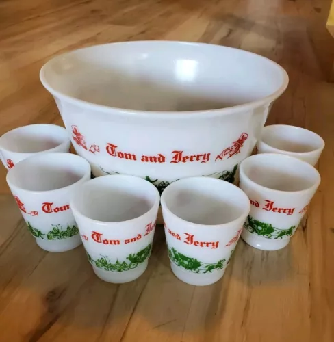 Hazel Atlas Tom and Jerry Milk Glass Punch Bowl and 6 Eggnog Cups Vintage Set
