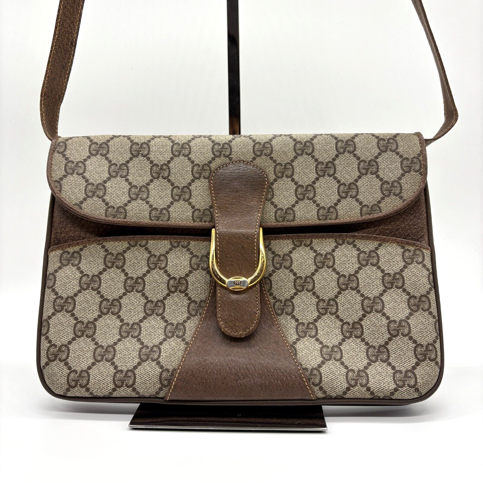 Vintage Gucci GG Canvas Crossbody Bag in Brown with PVC Leather Trim