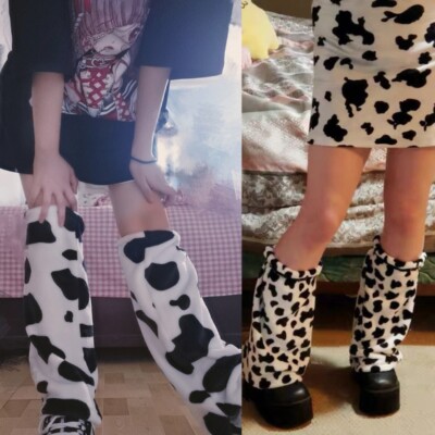 Women Winter Plush Leg Warmers Cow Leopard Print Foot Cover Socks