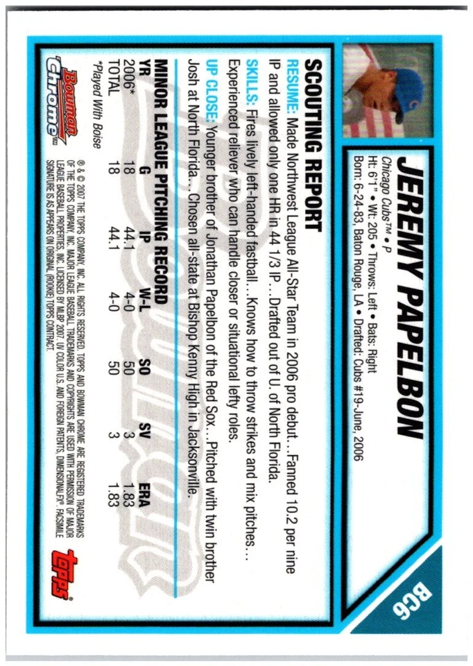 2007 Bowman #BC6 Jeremy Papelbon - Chrome Prospects 1st FREE SHIPPING! - Image 2 of 2