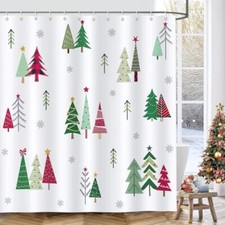 Christmas Tree Shower Curtain Red Green Xmas Pine Tree Snowflake Winter