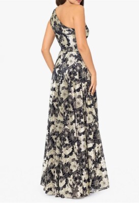 Betsy & Adam Women One Shoulder Floral Blue Gold Metallic Maxi Formal Dress  4P | eBay