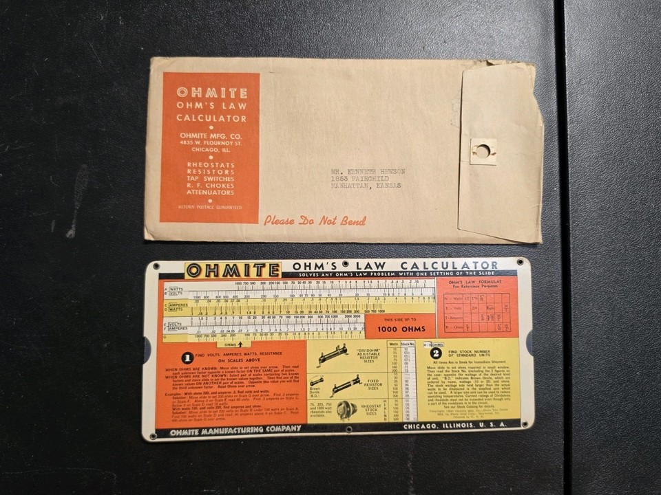 A 1940s Ohmite slide rule specifically engineered to calculate parallel resistance and Ohm's Law — a hyper-specialized analog tool that doubles as brilliant nerd wall art.